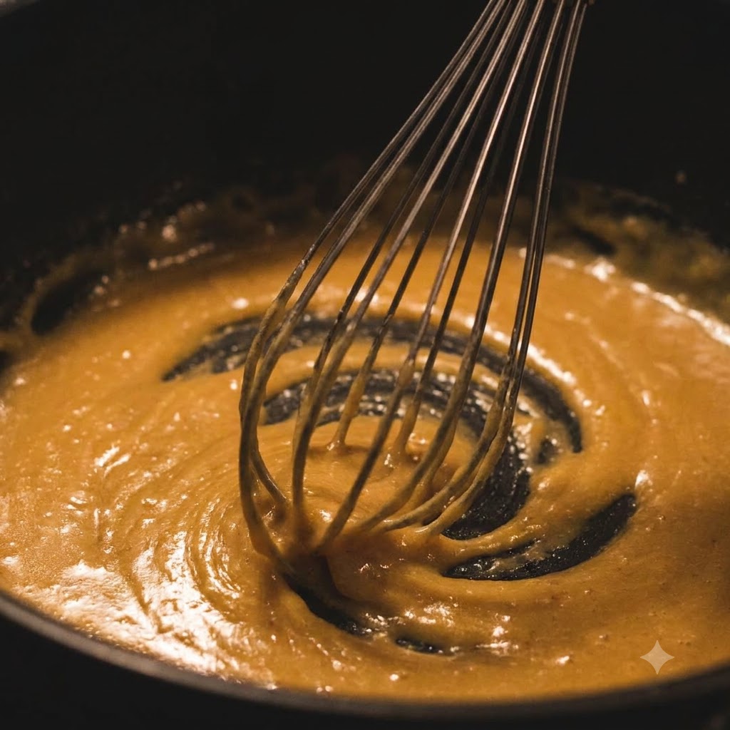 Unas varillas batiendo una pasta de roux de mantequilla y harina de color marrón dorado en una sartén.