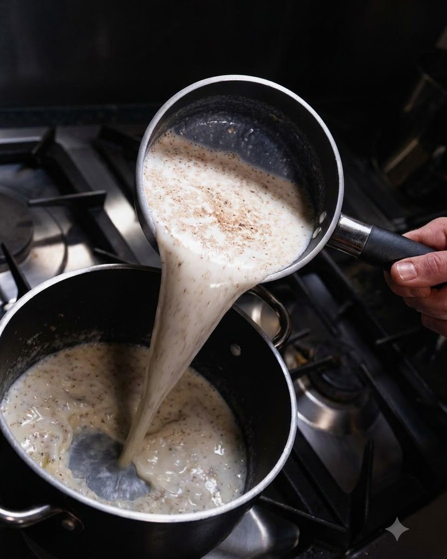 Leche caliente vertiéndose desde una cacerola hacia una sartén que contiene el roux, mezclándose en una preparación cremosa.