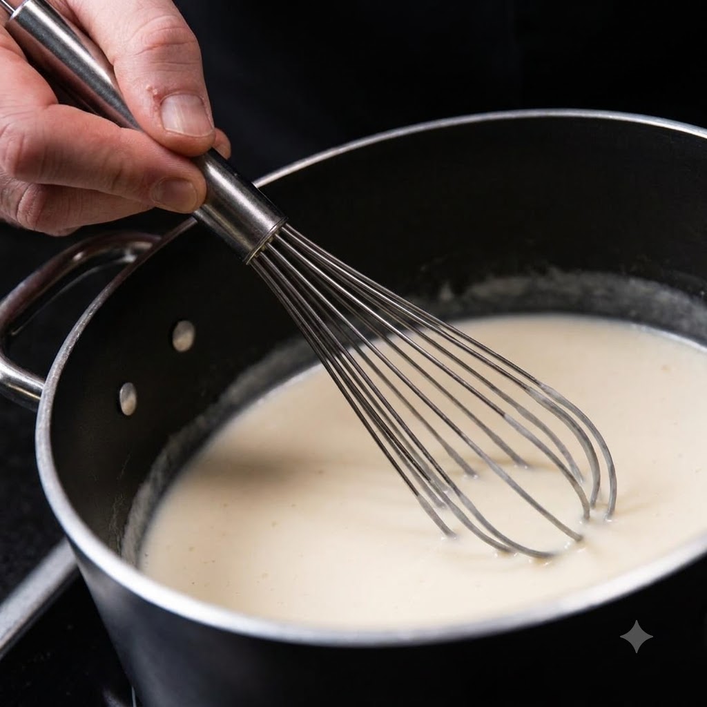 Unas varillas metálicas batiendo activamente una salsa blanca suave dentro de una olla oscura.