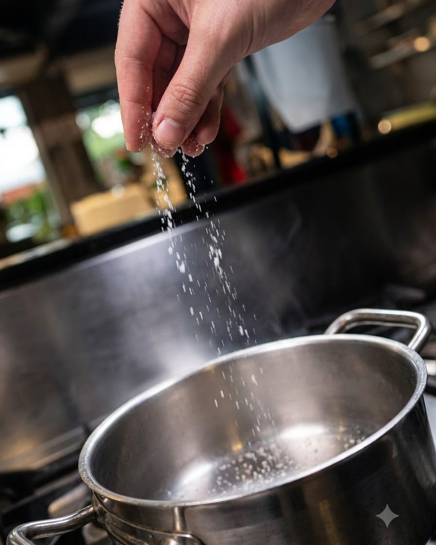 Sal vertiéndose directamente desde la mano hacia una olla de acero inoxidable.