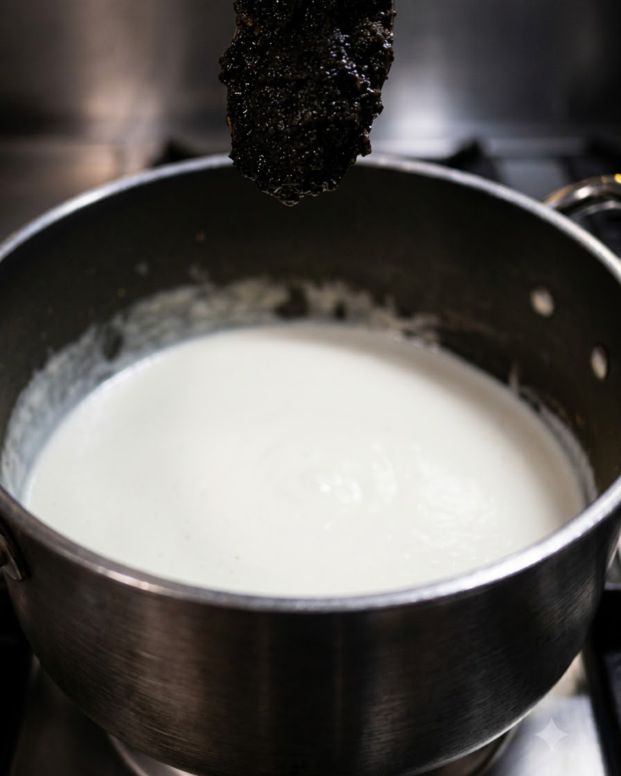 Una cuchara con pasta de trufa negra oscura sostenida sobre una olla de salsa blanca.
