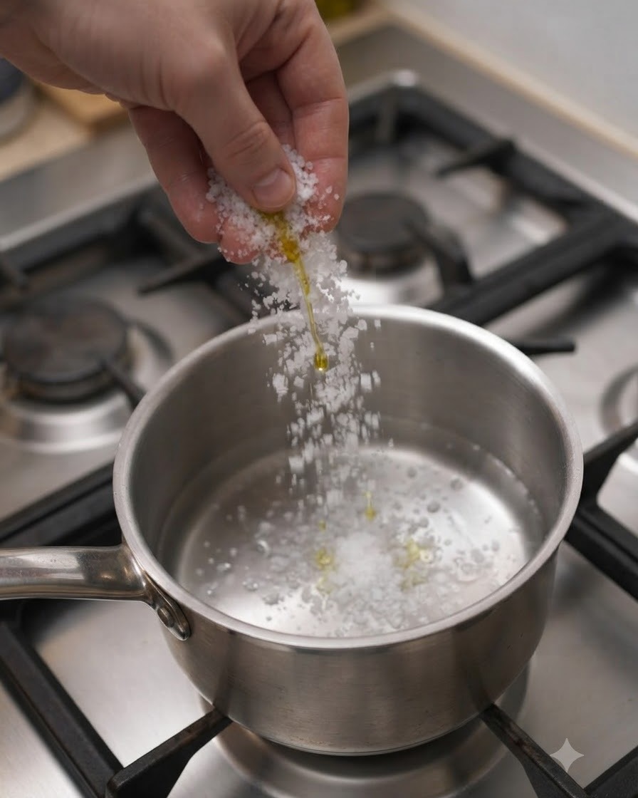 Sal y aceite espolvoreándose en una olla con agua hirviendo sobre una estufa de gas.