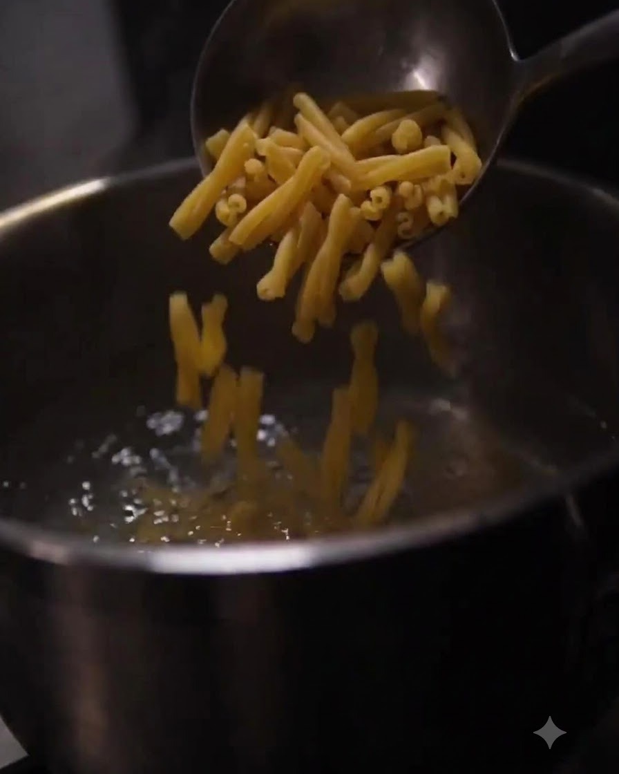 Pasta de macarrones deslizándose desde un cucharón hacia agua caliente burbujeante en una olla.
