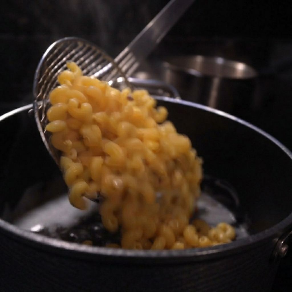 Macarrones cocidos vertiéndose desde un colador hacia una olla oscura llena de salsa espesa.