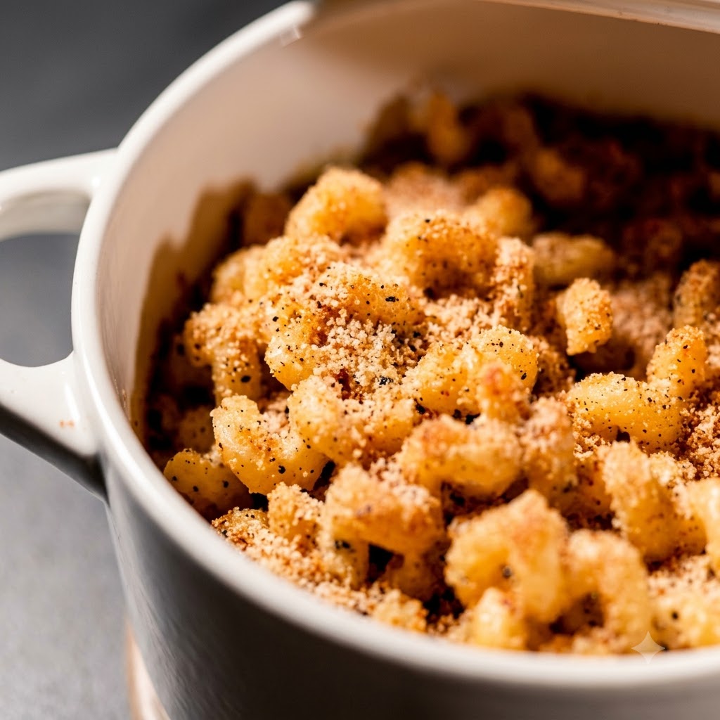 Un plato para horno lleno de macarrones cubiertos con pan rallado, listos para entrar al horno.