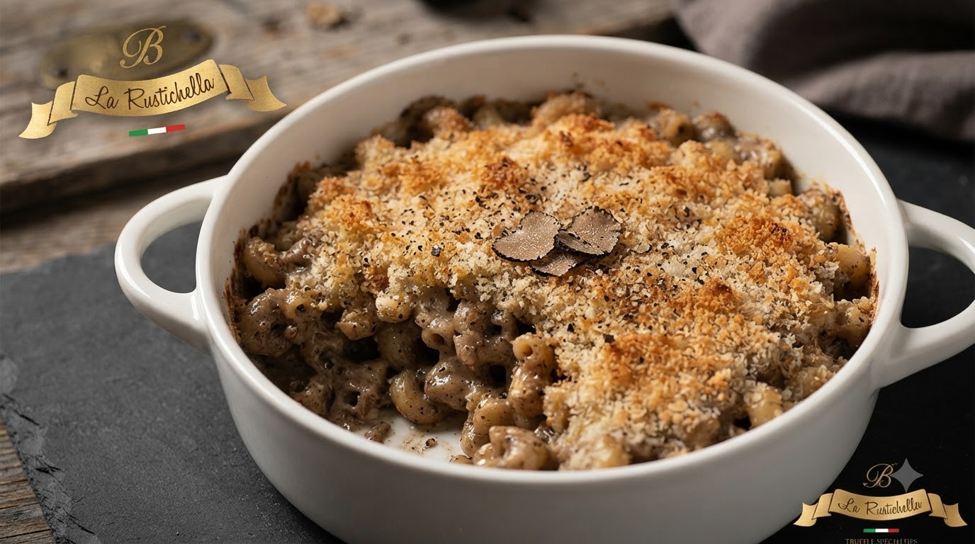 Macarrones con queso y trufa al horno en un plato de cerámica blanca con una costra dorada de pan rallado y láminas de trufa negra fresca