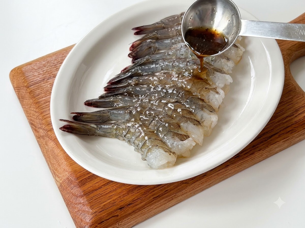 Vino para cocinar siendo vertido desde una cuchara medidora sobre una hilera de gambas crudas dispuestas en un plato blanco.