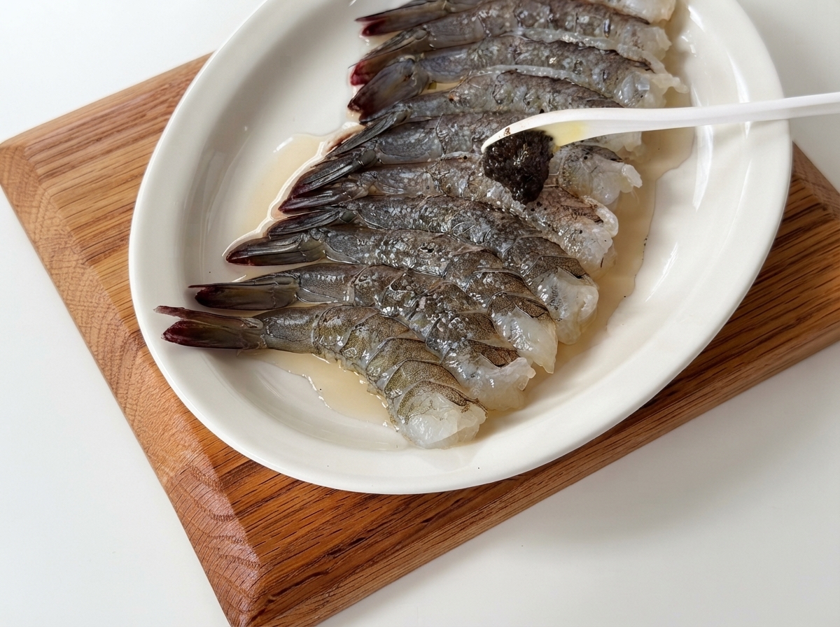 Una mano con guante esparciendo pasta de trufa negra y pimienta negra sobre las gambas sazonadas en un plato.