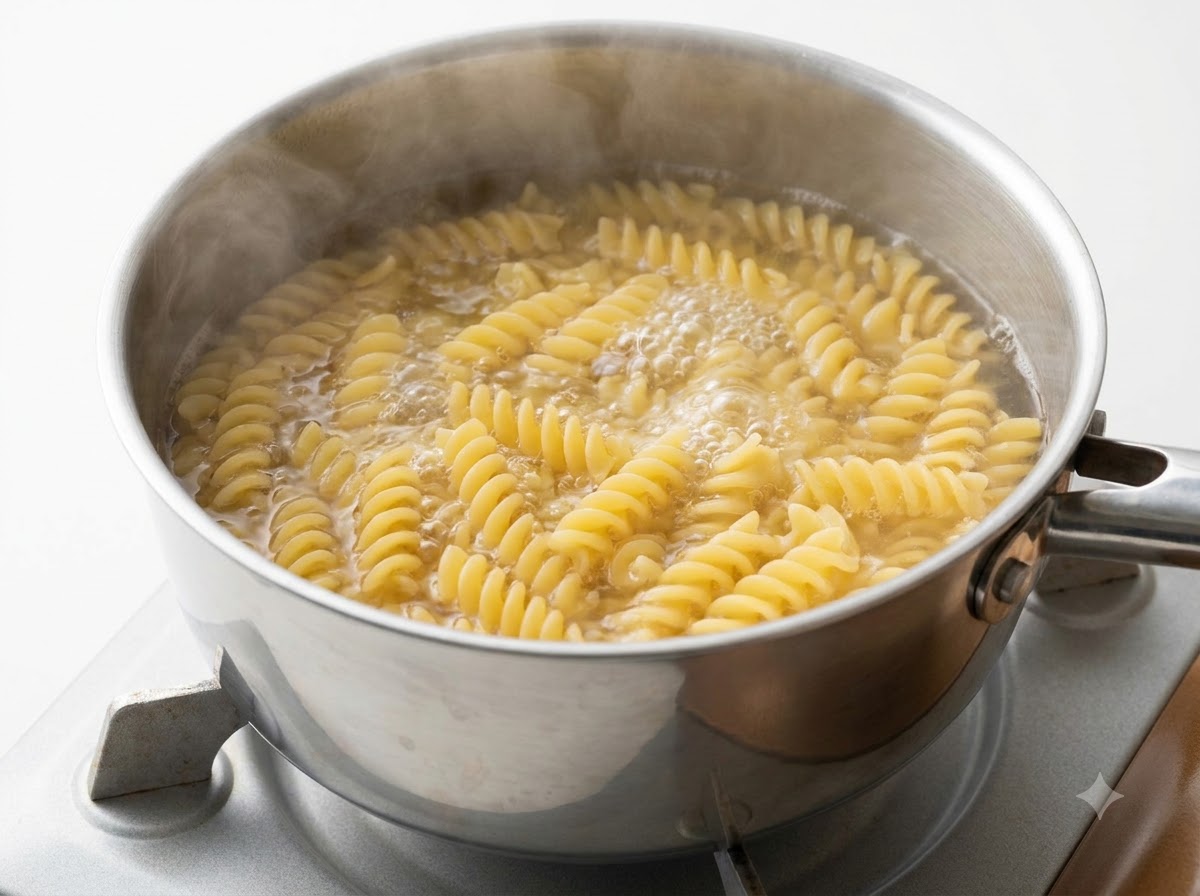 Pasta fusilli hirviendo en una olla de acero inoxidable con agua caliente y vapor saliendo de la superficie.