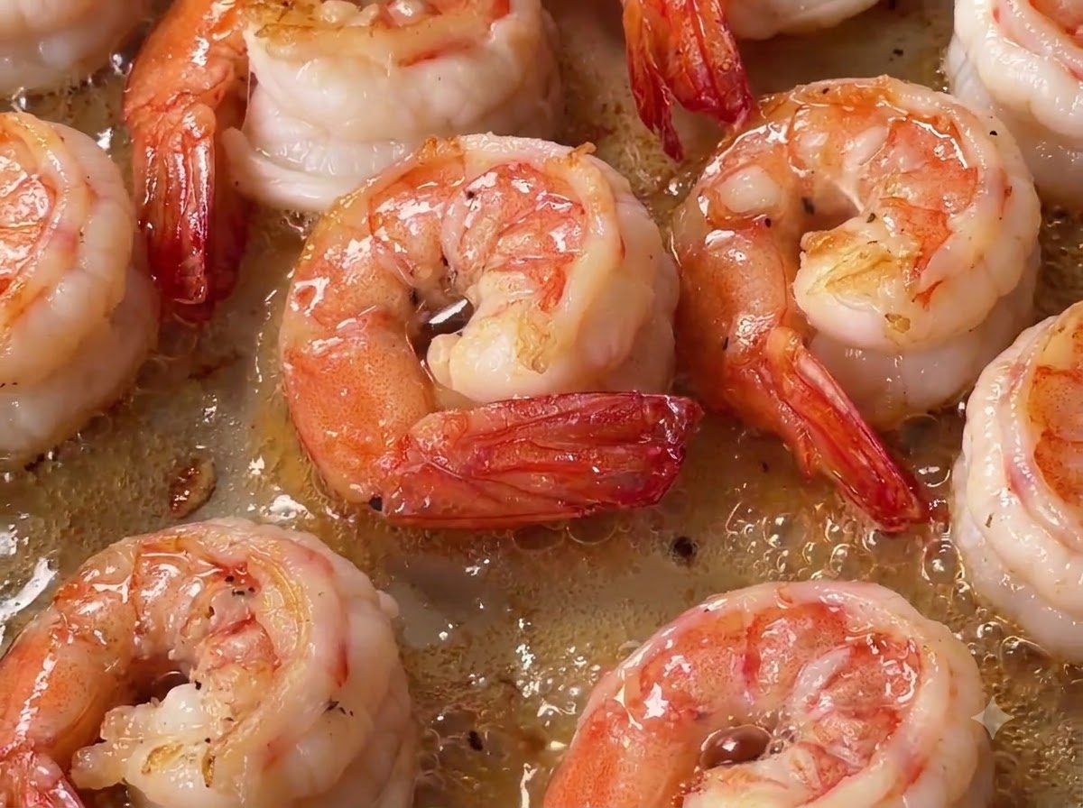 Pasta fusilli cocida siendo incorporada a una sartén con gambas recién fritas.