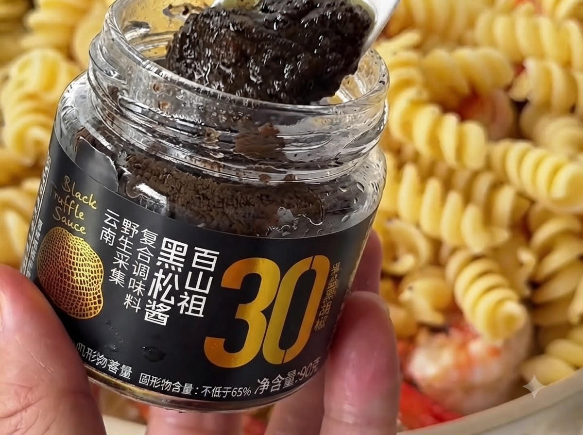 Una cuchara blanca sosteniendo pasta de trufa negra sobre un tarro, con la mezcla de pasta y gambas visible al fondo.