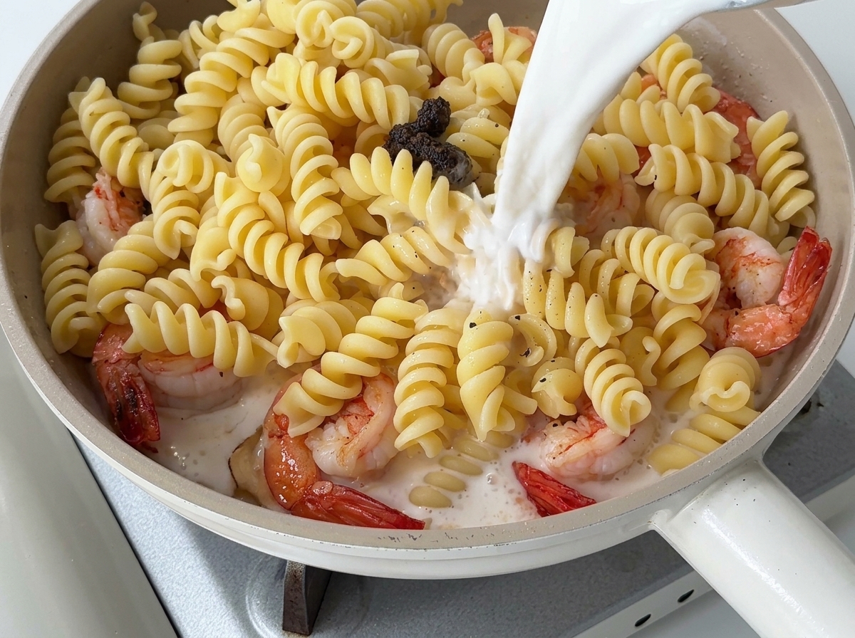 Leche y crema de leche siendo vertidas desde una jarra en una sartén llena de pasta, gambas y pasta de trufa.