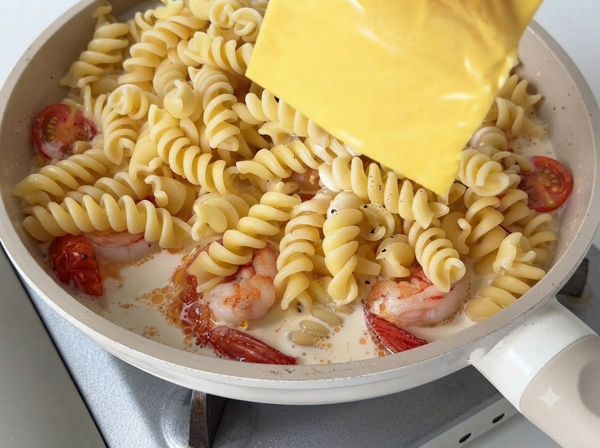 Una loncha cuadrada de queso amarillo siendo colocada sobre la parte superior de la pasta cremosa en una sartén.