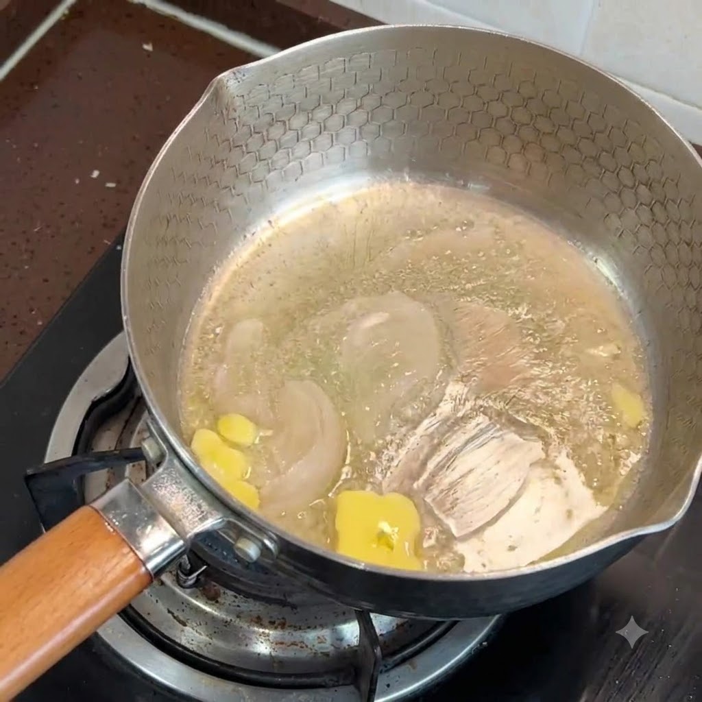 Un trozo de mantequilla derritiéndose en una sartén caliente sobre la estufa.
