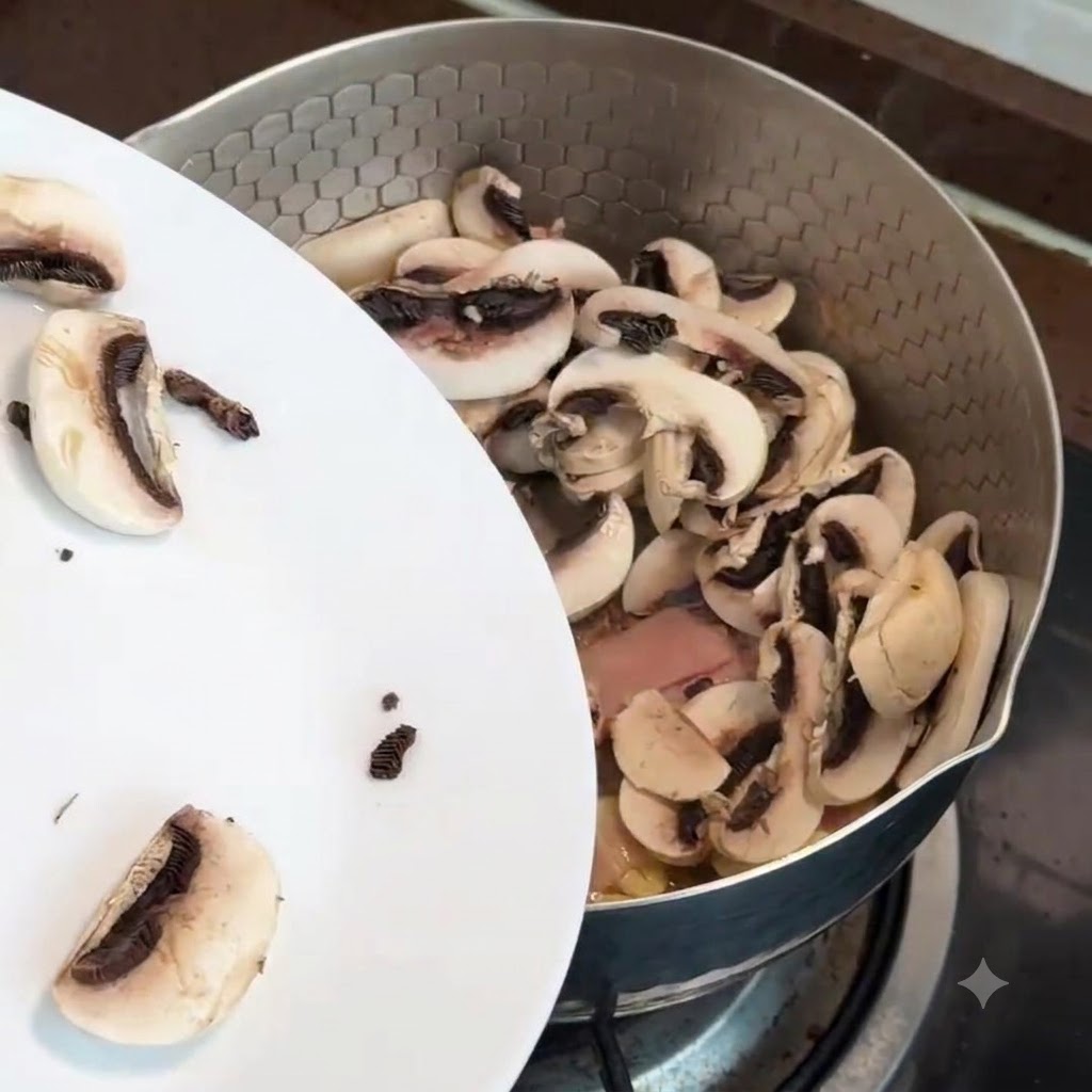 Champiñones en rodajas siendo vertidos desde un plato blanco a una sartén con tocino y ajo.