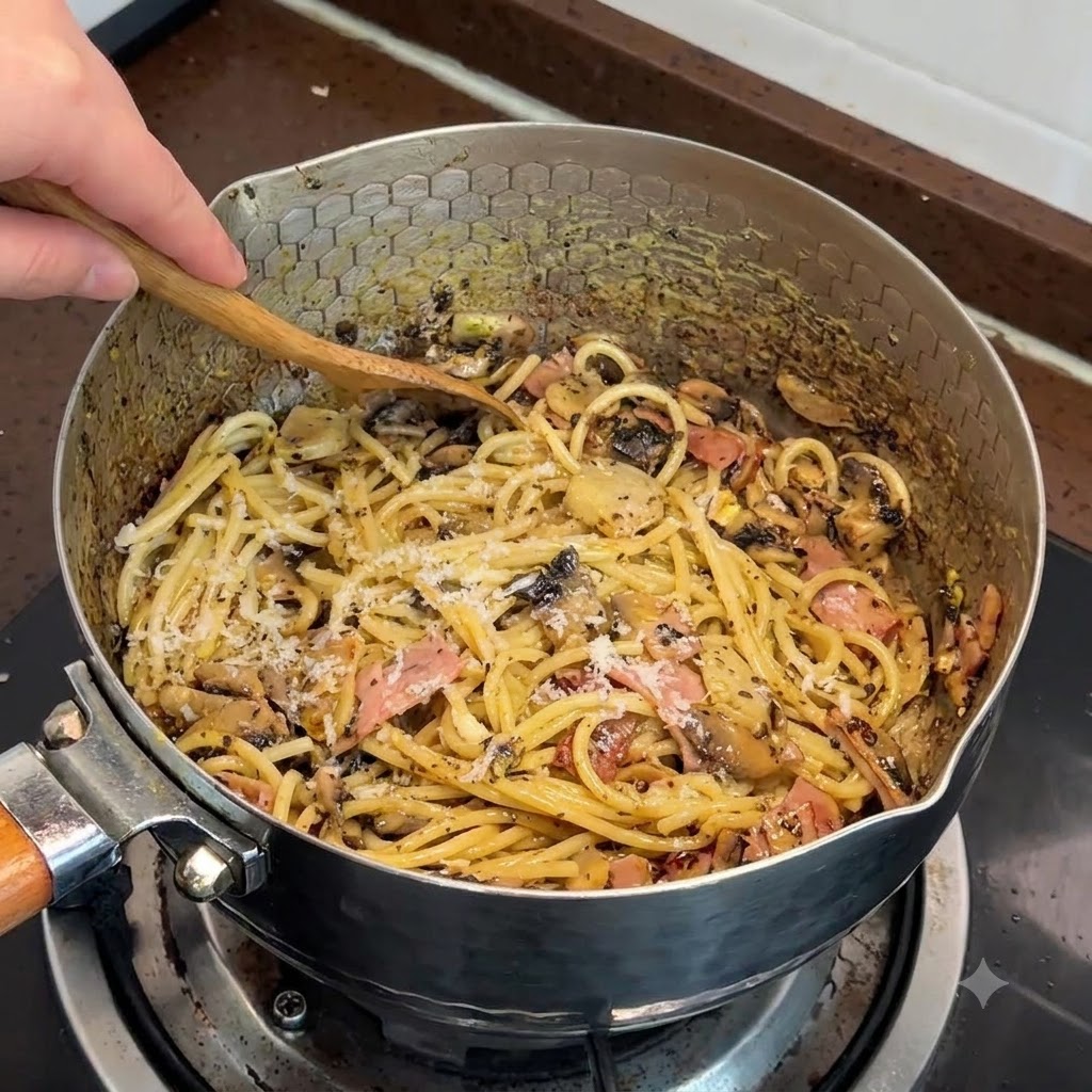 Queso fresco siendo rallado directamente sobre la pasta caliente cocida mezclada con champiñones y tocino en una olla.
