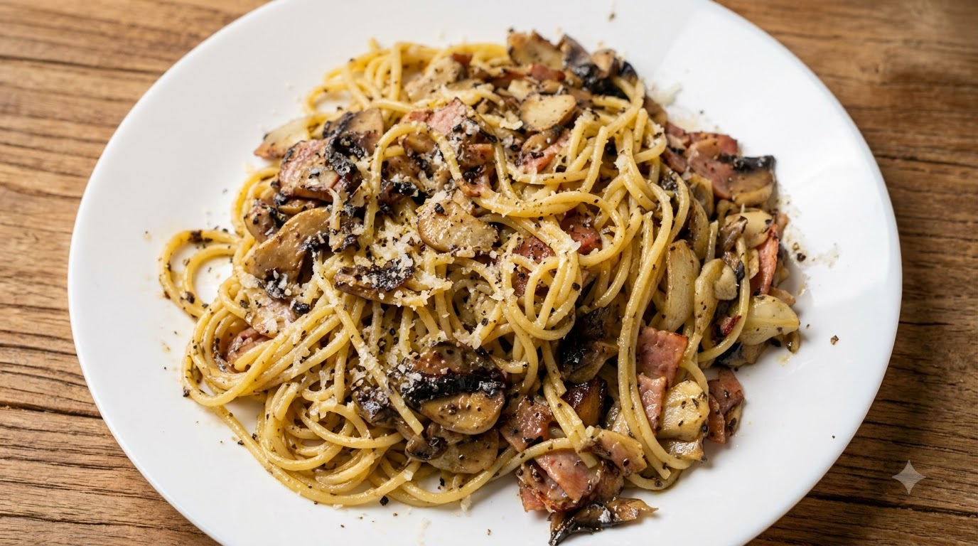Pasta con Trufa Negra, Tocino y Champiñones