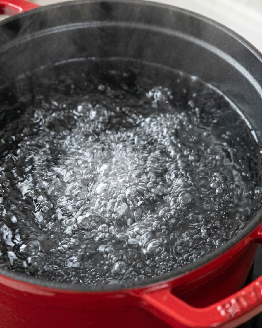 Espaguetis cocinándose en una olla con agua hirviendo vigorosamente.