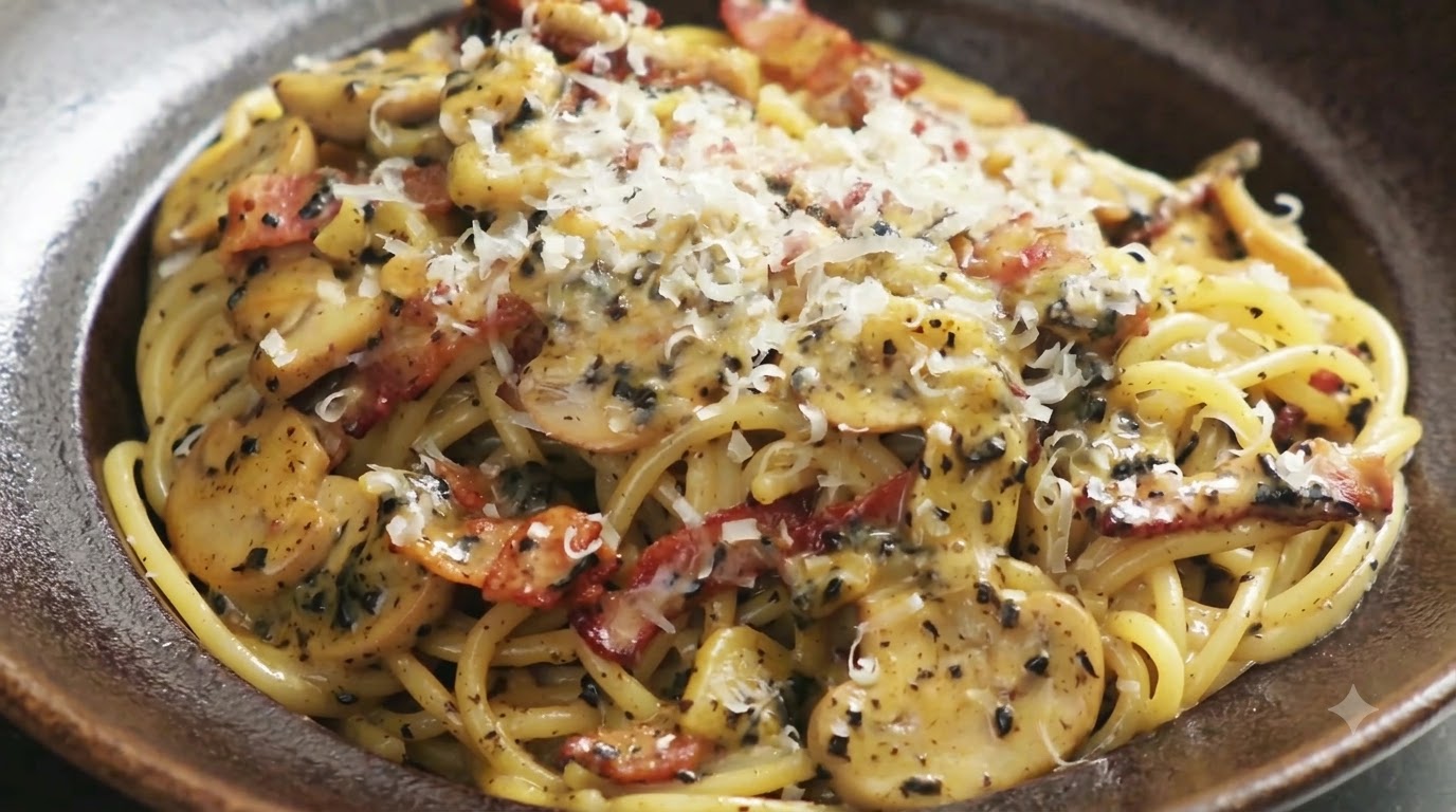 Un primer plano de la brillante pasta de trufa y champiñones en un tazón oscuro, adornada con tocino crujiente y queso parmesano recién ralladocite: 1.