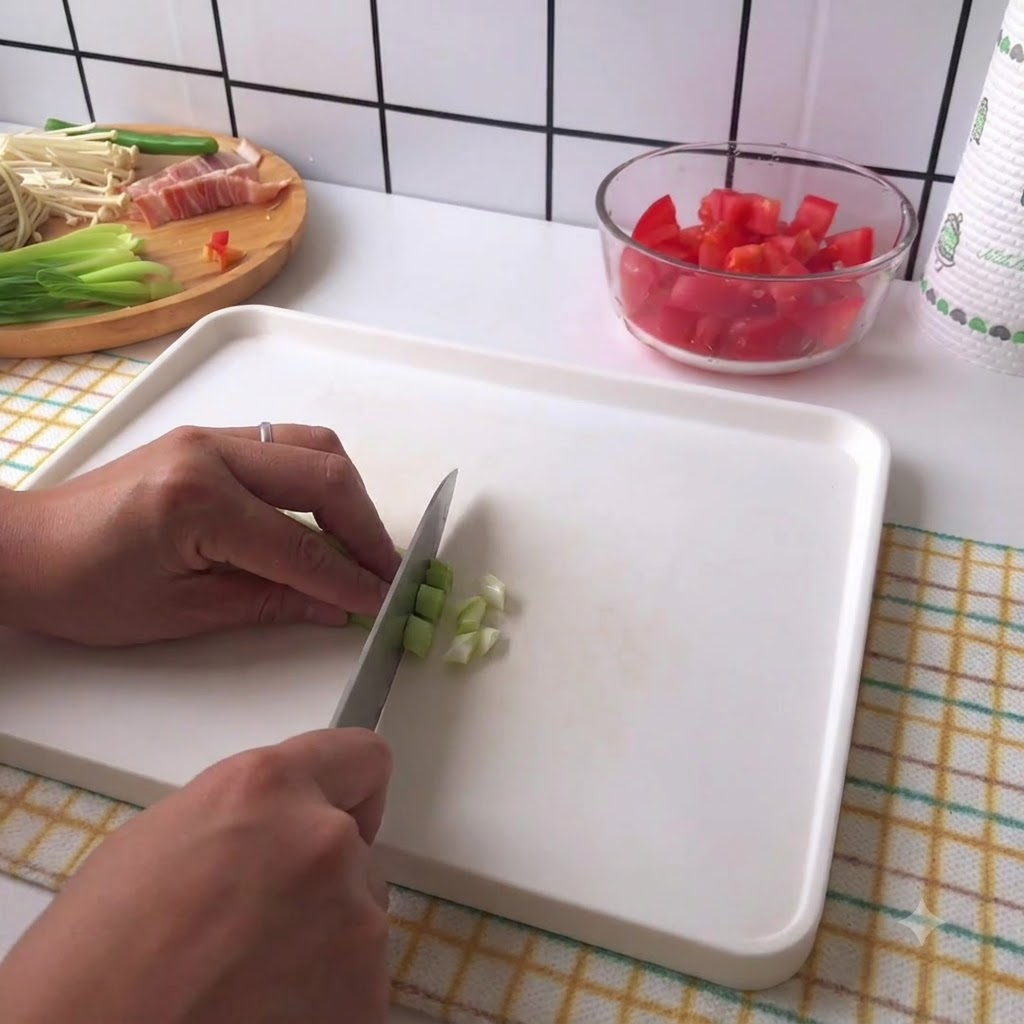 Manos cortando cuidadosamente cebolletas sobre una tabla de cortar blanca.