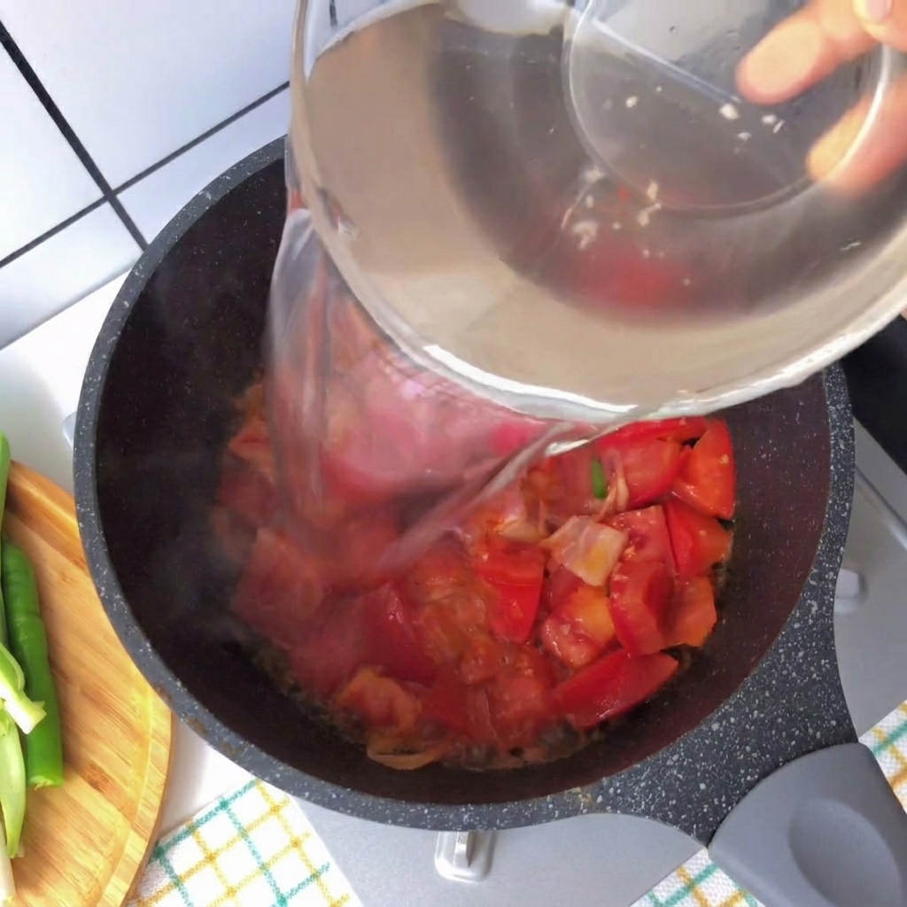 Agua clara vertida de un tazón de vidrio a una olla con tomates y tocino.