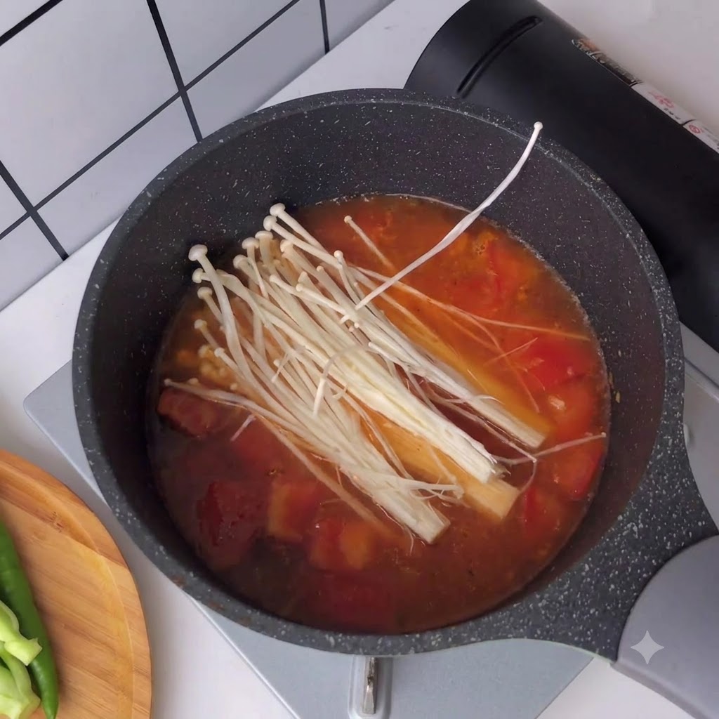 Setas enoki frescas colocadas en un caldo de tomate rojo hirviendo.
