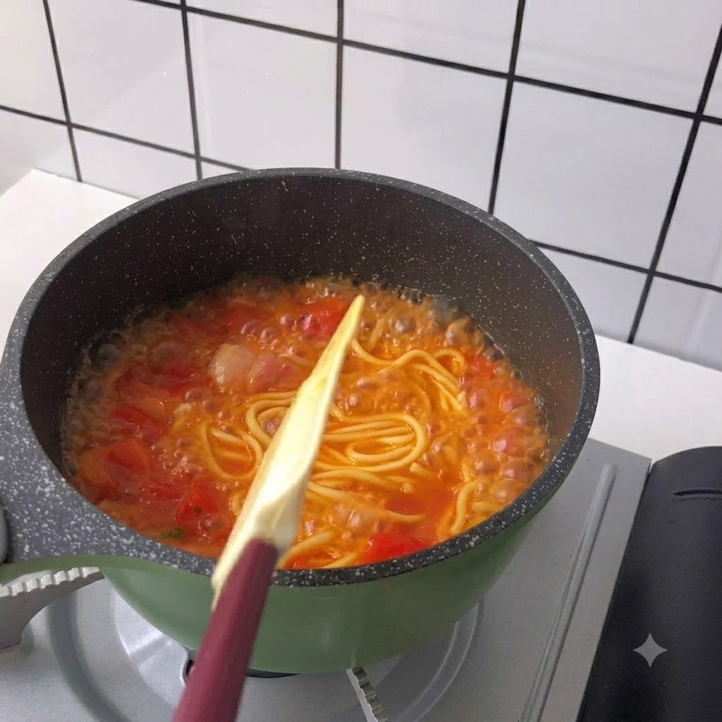 Removiendo fideos largos en un caldo rojo burbujeante usando una espátula.