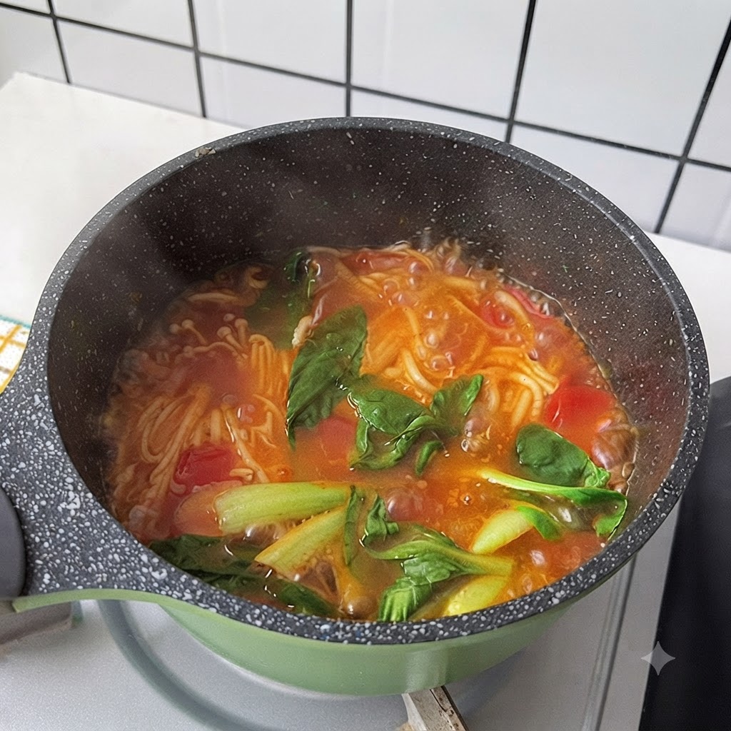 Hojas de bok choy y cilantro marchitándose en una olla de sopa de fideos caliente.