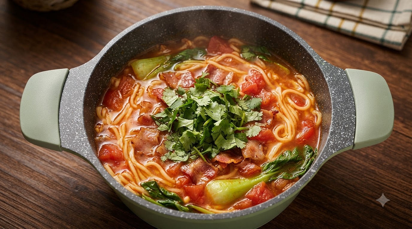 Sopa rápida de fideos con tomate y tocino