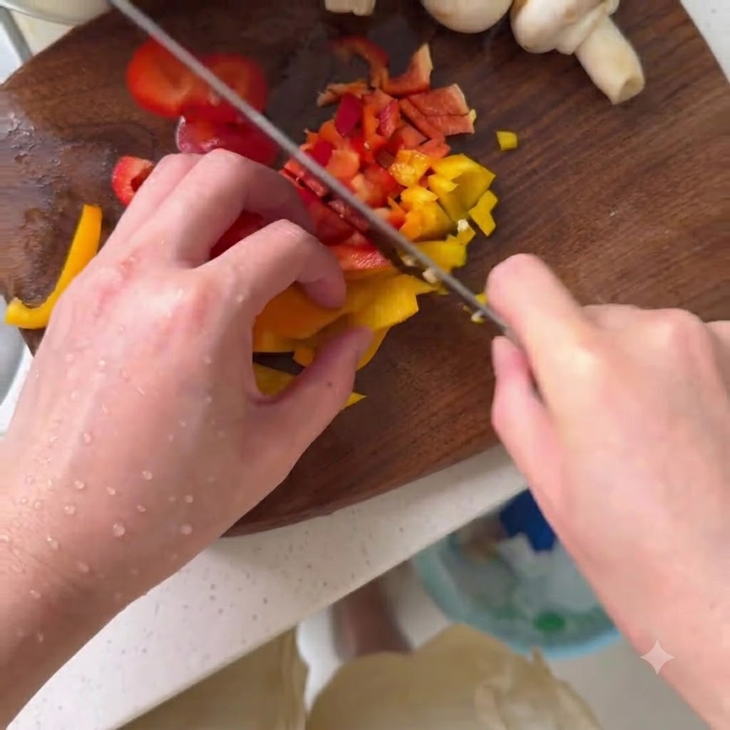 Champiñones botón frescos cortados en rodajas sobre una tabla de cortar de madera junto a pimientos coloridos.