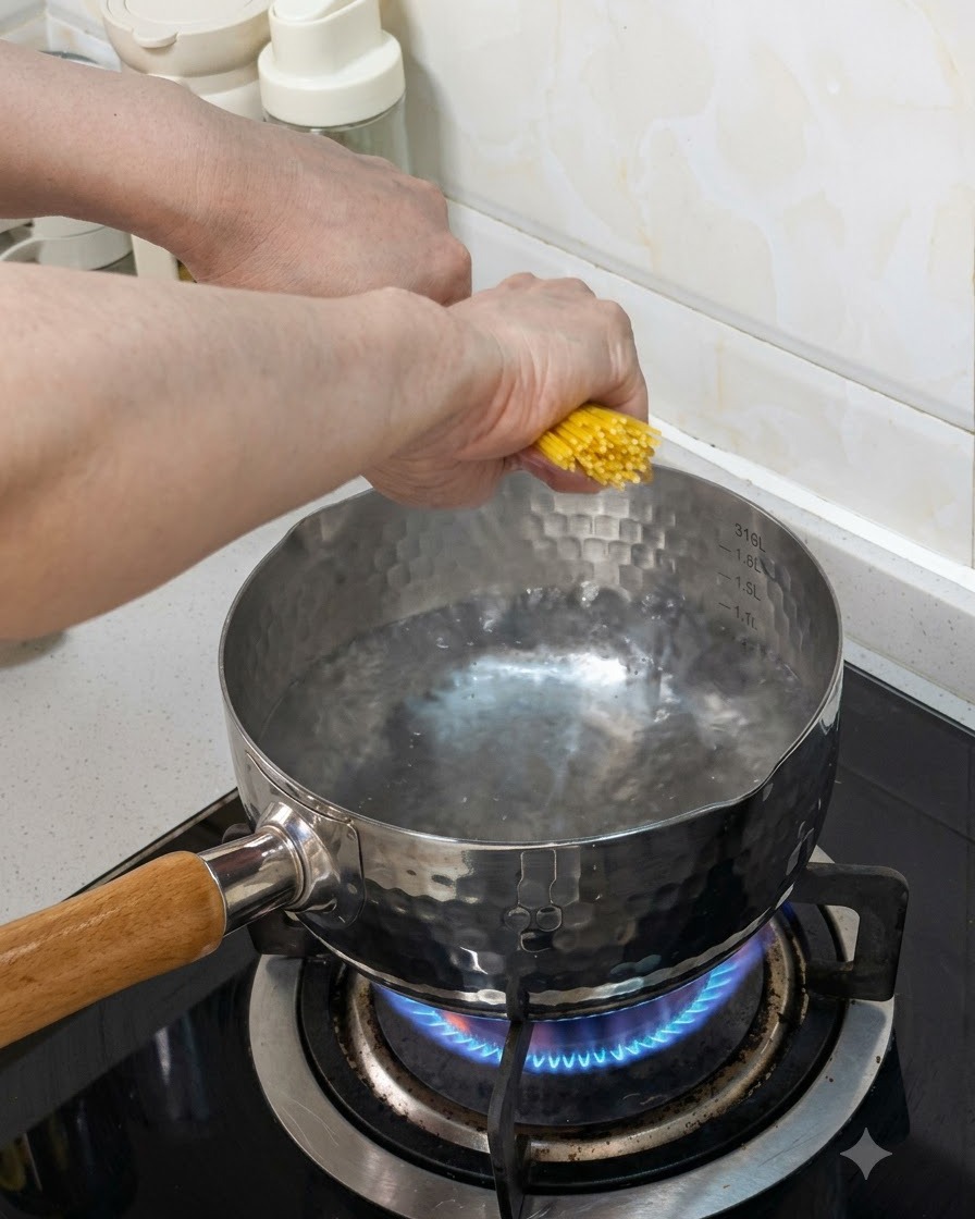 Un manojo de espaguetis introduciéndose en una olla con agua hirviendo en una estufa de gas.