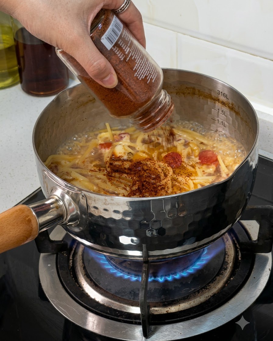 Polvo de especias vertiéndose desde un frasco de vidrio en una olla con pasta y salsa a fuego lento.