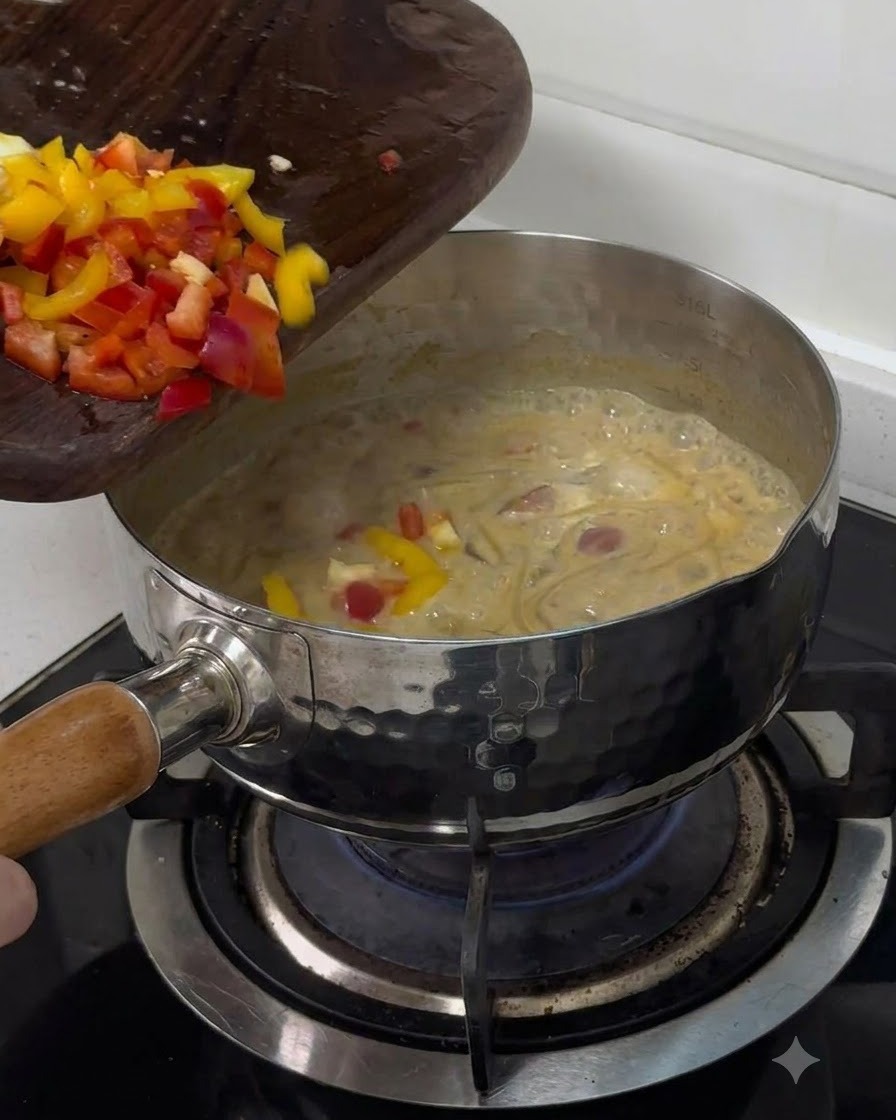 Pimientos rojos y amarillos picados deslizándose desde una tabla de cortar de madera hacia una olla de pasta burbujeante.