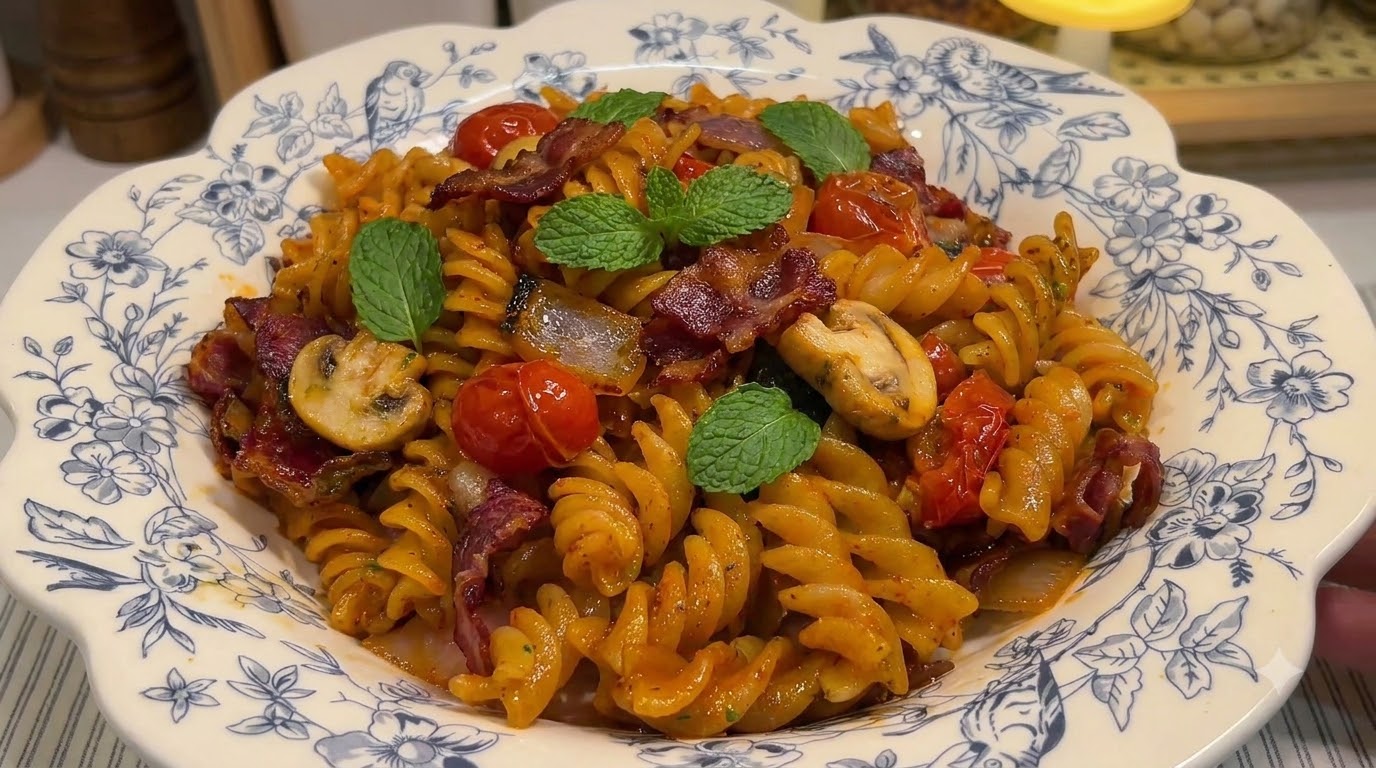 Un plato de pasta fusilli recubierto con una salsa de estilo coreano con tocino, champiñones y tomates cherry, adornado con hojas de menta fresca