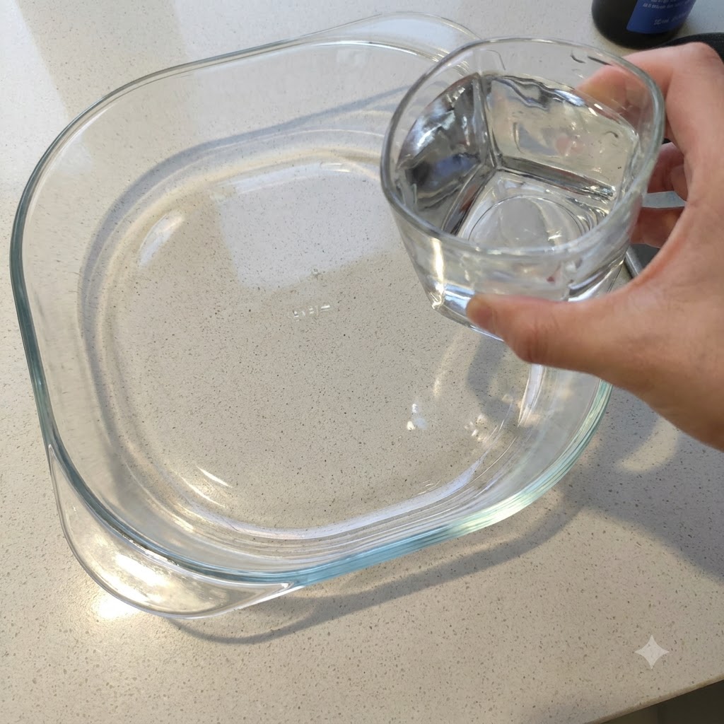 Una mano vertiendo agua de un vaso en un bol de cristal transparente.