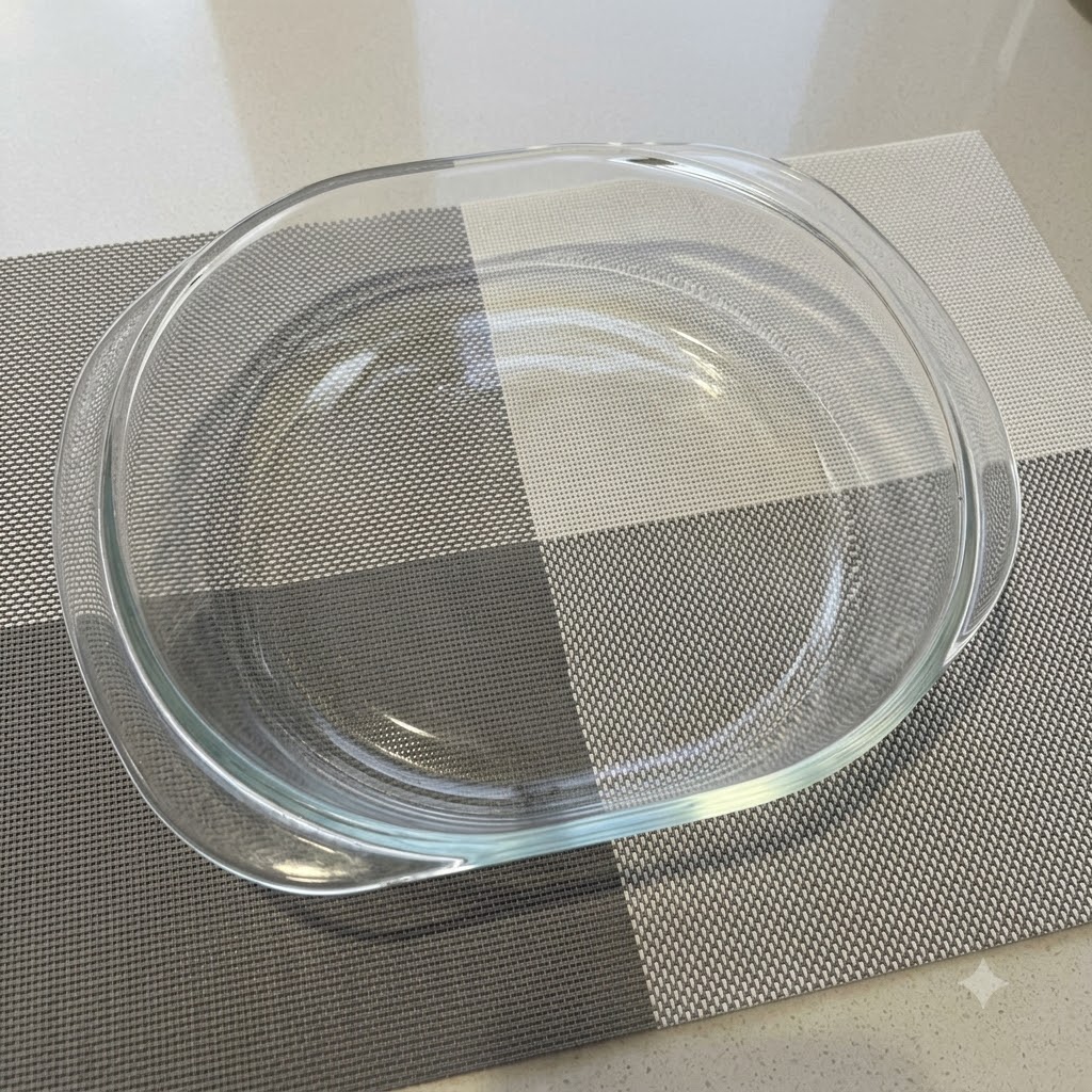Bol de cristal vacío sobre un tapete con motivos geométricos.