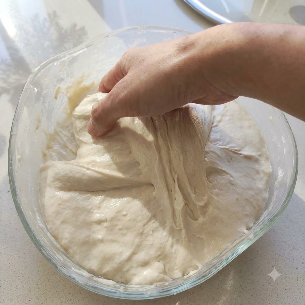 Una mano agarrando y estirando una porción de masa de pizza fermentada hacia arriba dentro de un bol.