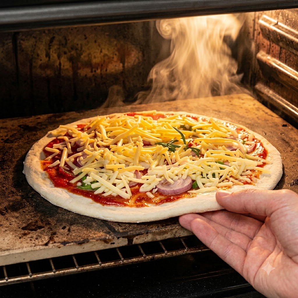 Una mano introduciendo una pizza cruda ya montada en un horno muy caliente con llamas visibles al fondo.