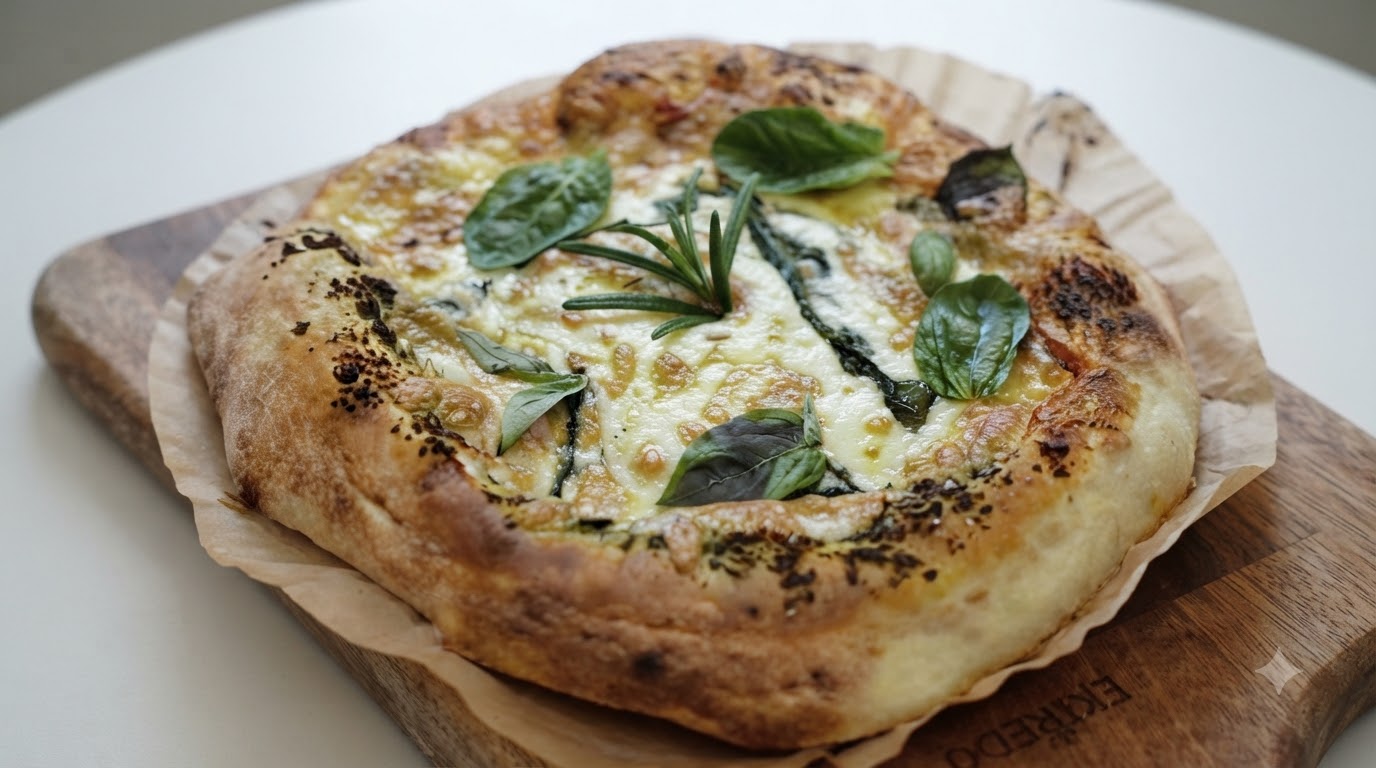 Una pizza al pesto recién horneada sobre una tabla de cortar de madera, adornada con albahaca fresca y romero.