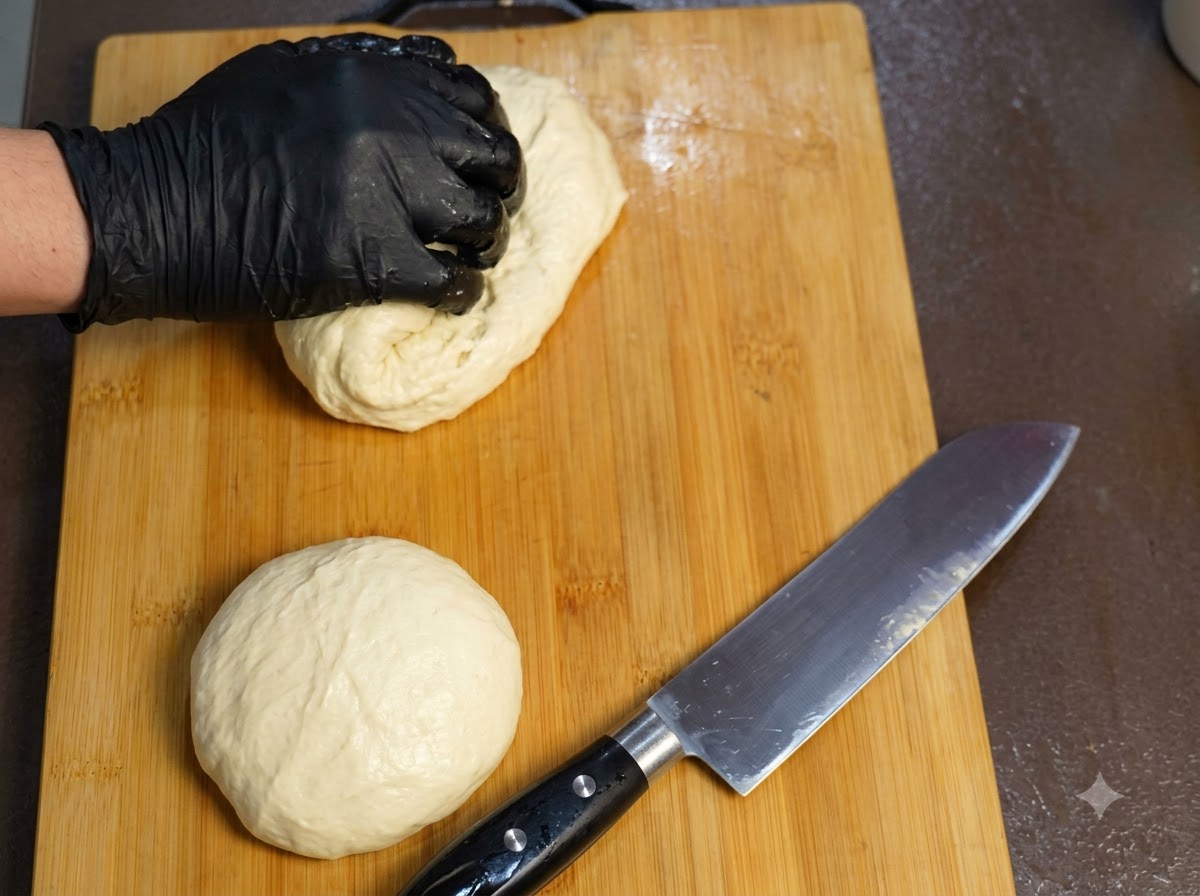 Una porción grande de masa suave siendo cortada en secciones más pequeñas sobre una tabla de cortar de madera junto a un cuchillo de chef.