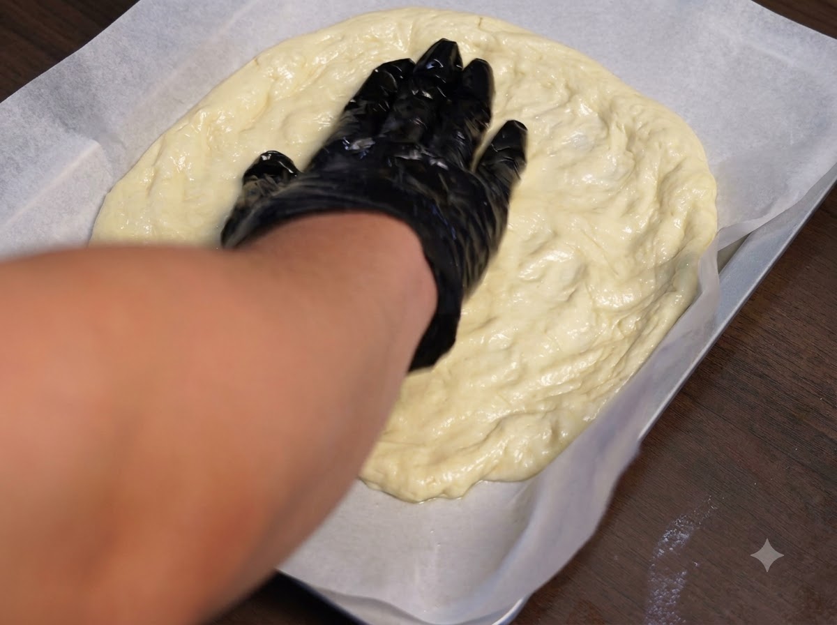 Queso rallado siendo esparcido sobre una base de masa de pizza aplanada.