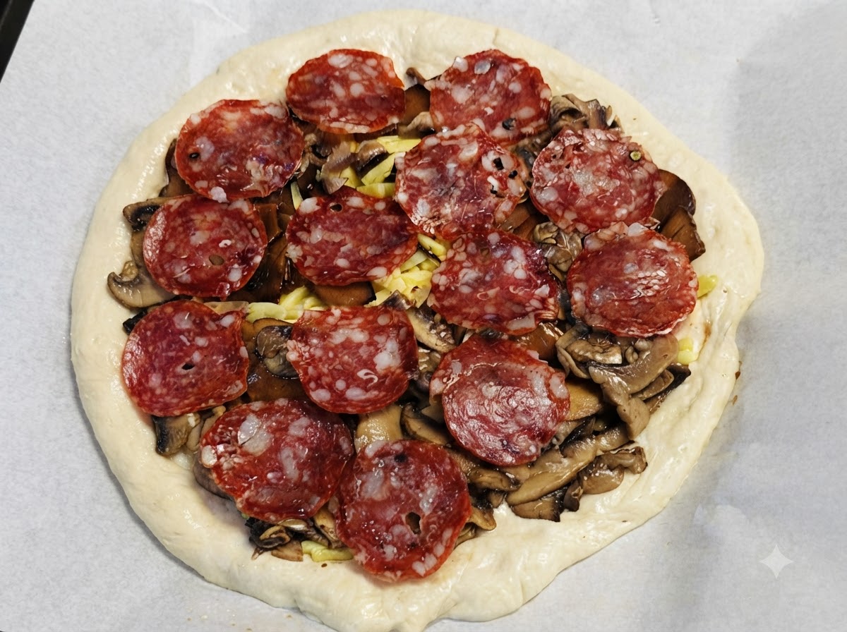 Pizza completamente montada lista para ser colocada dentro de un horno caliente para hornearse.