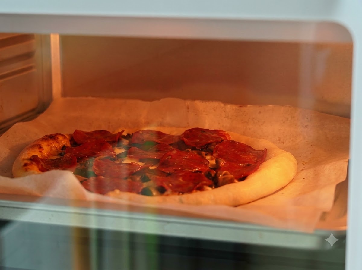 Primer plano a través de la puerta de cristal del horno que muestra una pizza a medio hornear siendo cubierta con más queso rallado.