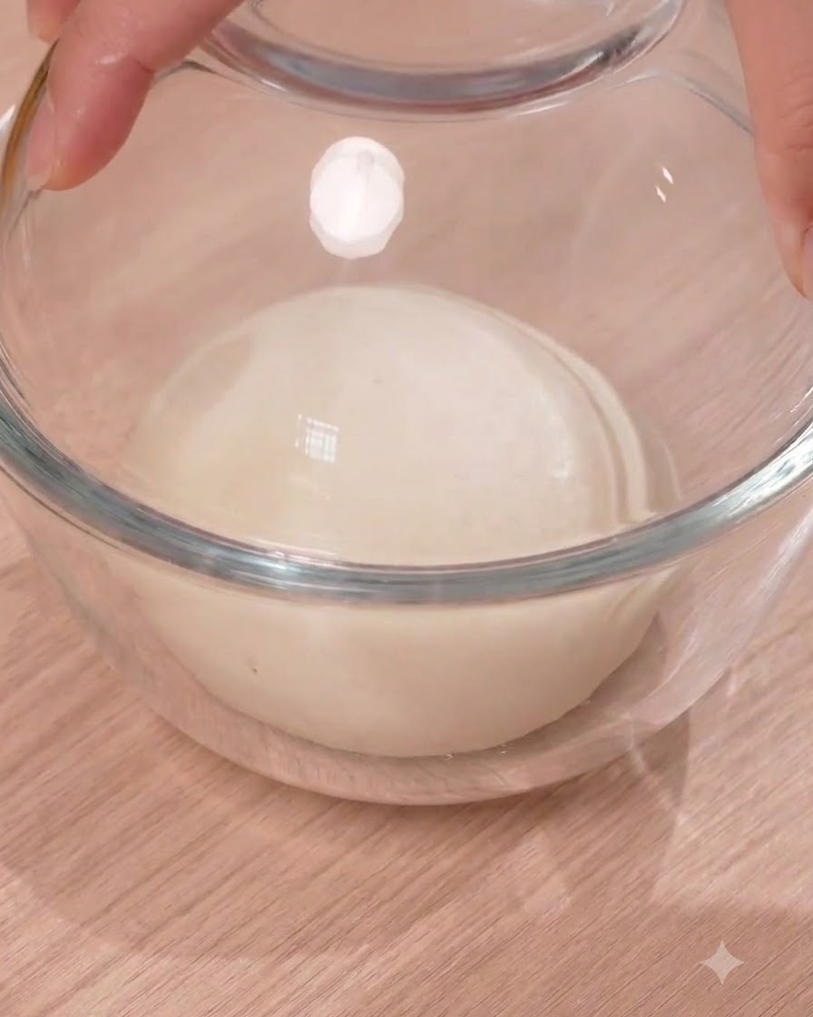 Una bola redonda de masa descansando dentro de un tazón de vidrio cubierto con una tapa transparente.