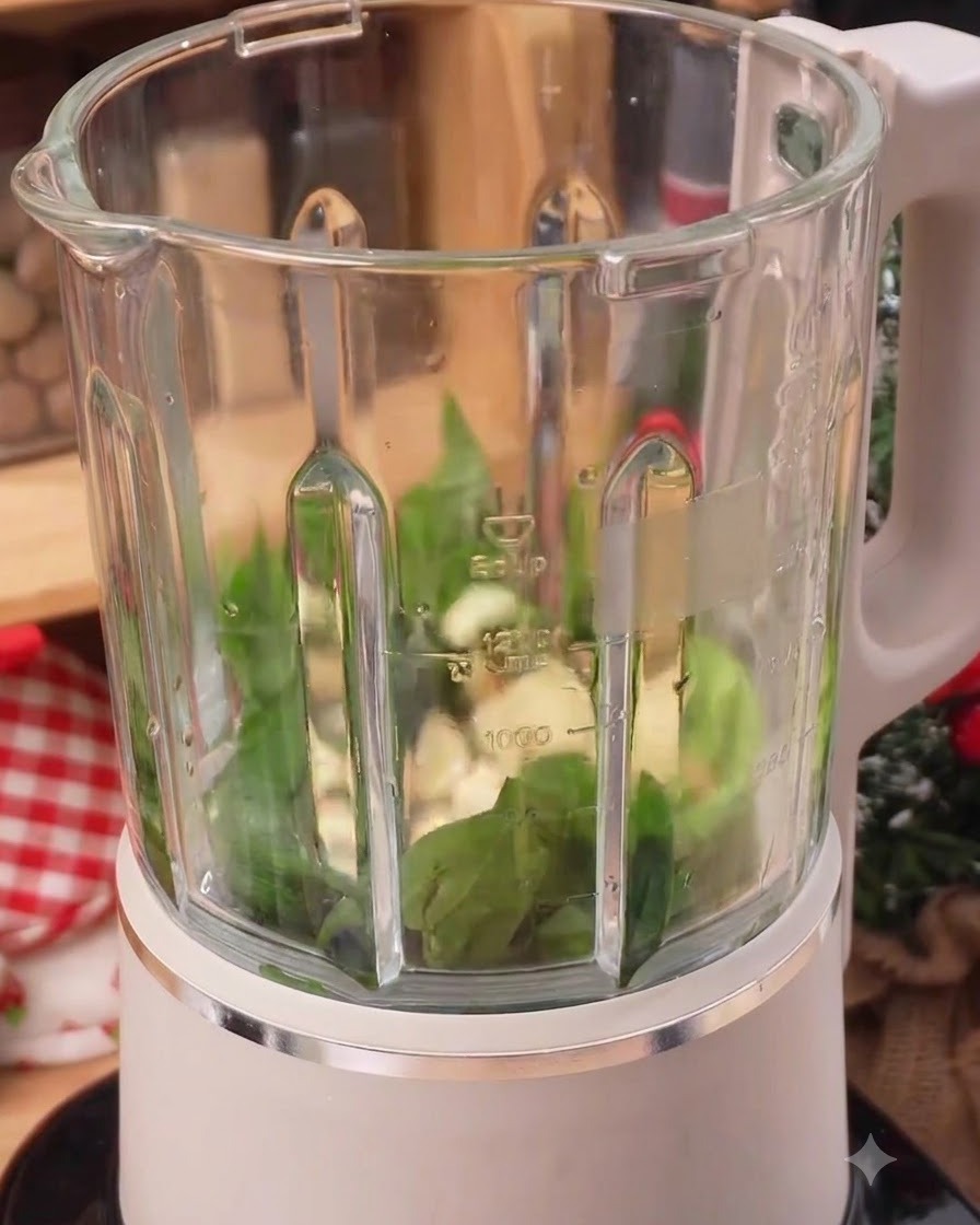 Hojas de albahaca fresca, ajo y aceite dentro del vaso de una licuadora transparente listos para ser licuados.