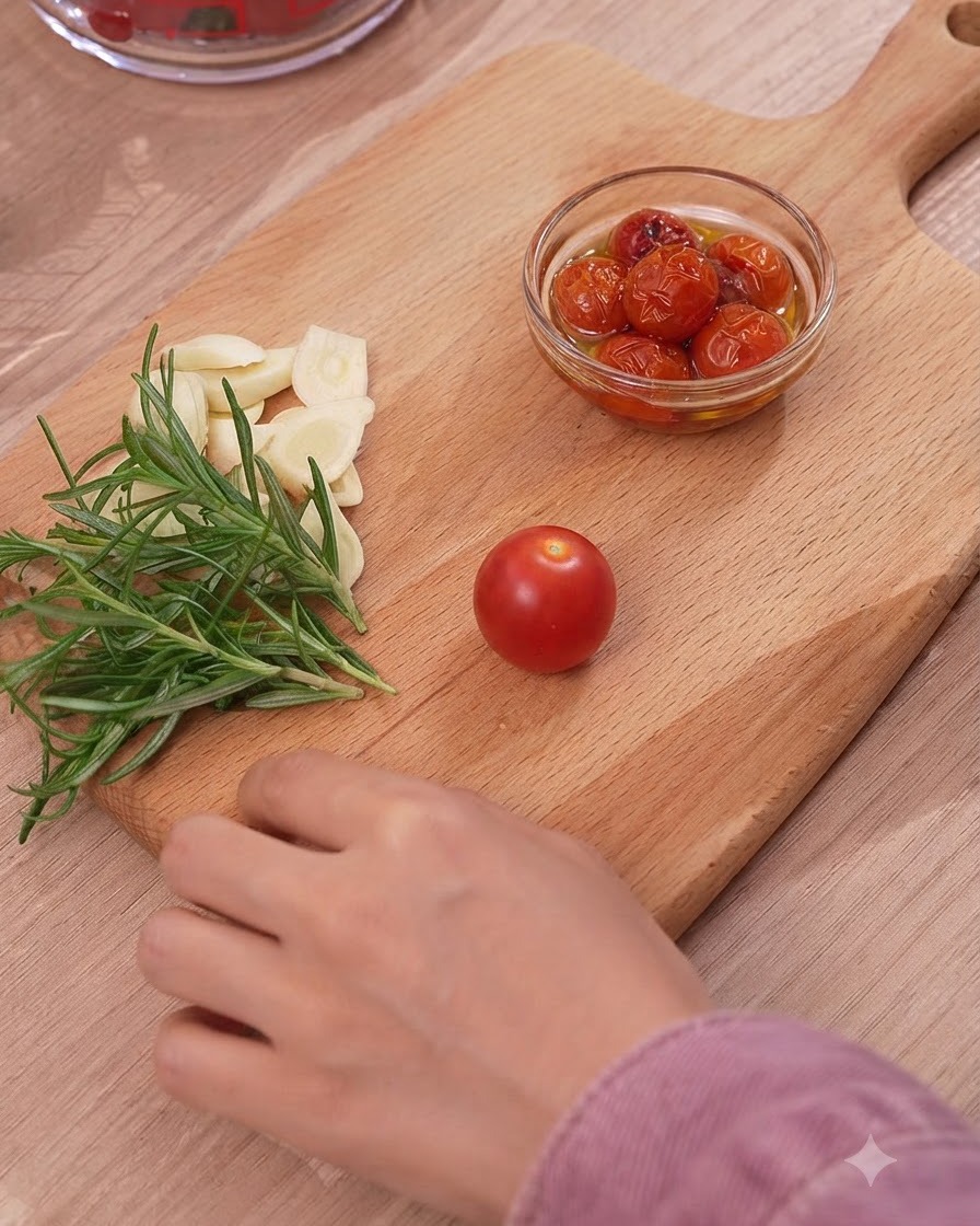 Tomates cherry frescos, ajo y romero dispuestos sobre una tabla de cortar de madera junto a un tazón de tomates sazonados.