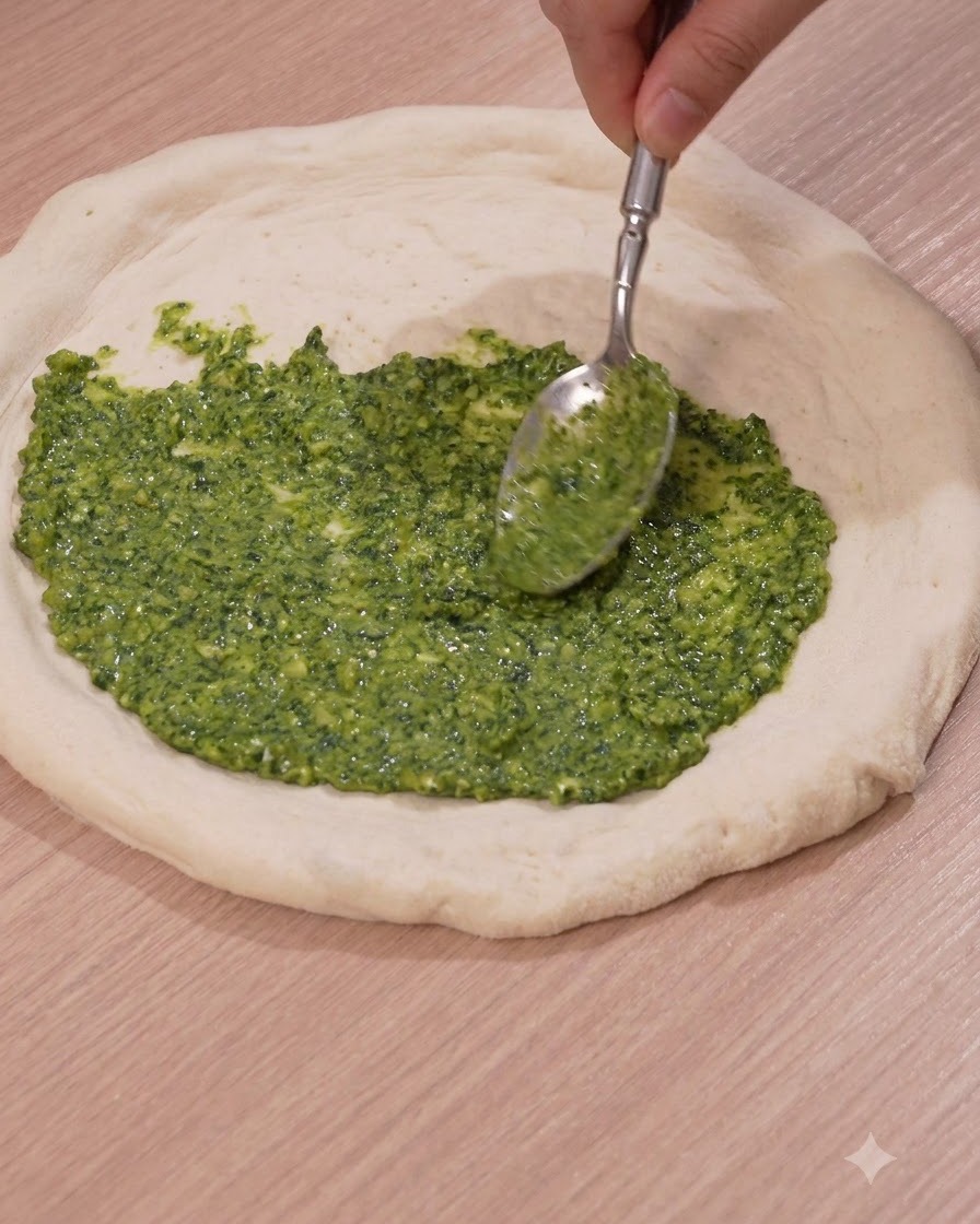 Una cuchara extendiendo salsa pesto verde vibrante suavemente sobre el centro de una masa de pizza cruda y redonda.