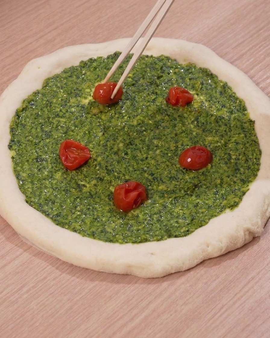 Palillos colocando mitades de tomates cherry asados sobre la base de pesto verde de una masa de pizza.