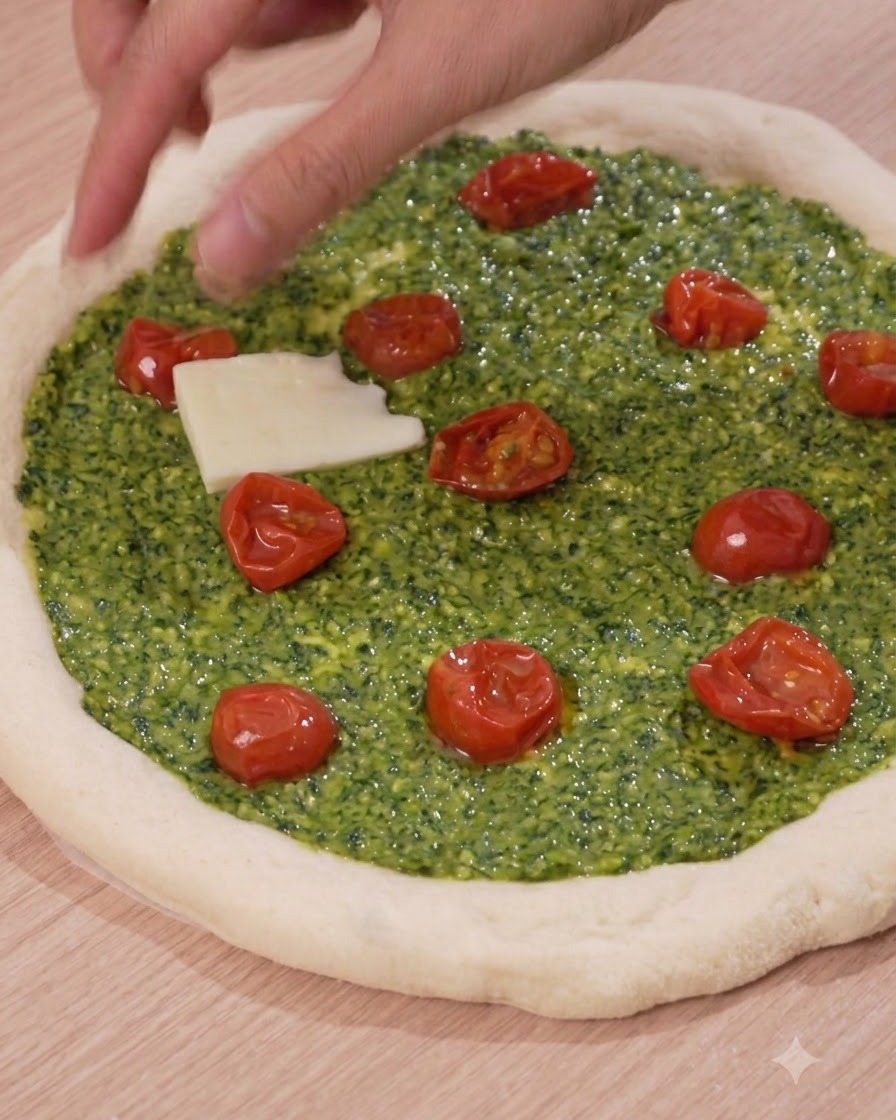 Rebanadas blancas y gruesas de queso mozzarella siendo colocadas sobre la base de pizza de pesto y tomate.