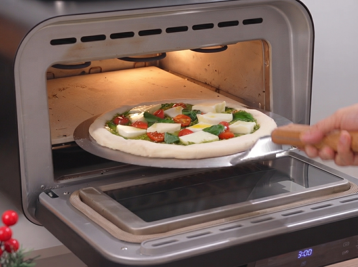 Una pizza cruda completamente ensamblada deslizándose desde una pala hacia el interior brillante de un horno de pizza caliente.
